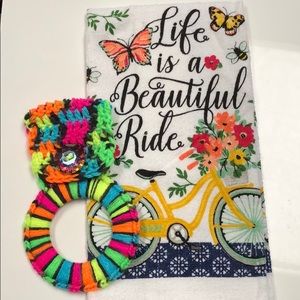 Kitchen towel and rainbow oven towel hanger neon. Great gift idea. Butterfly’s